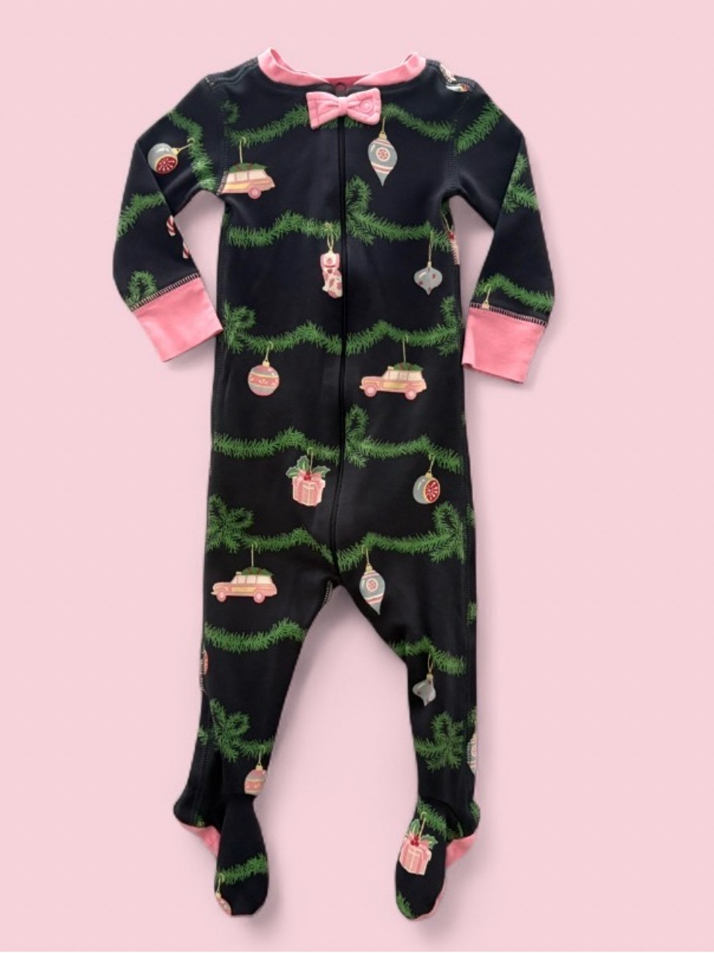 The Beaufort Bonnet Company Pima Cotton Navy & Pink Christmas Sleeper Sz 6-12m
